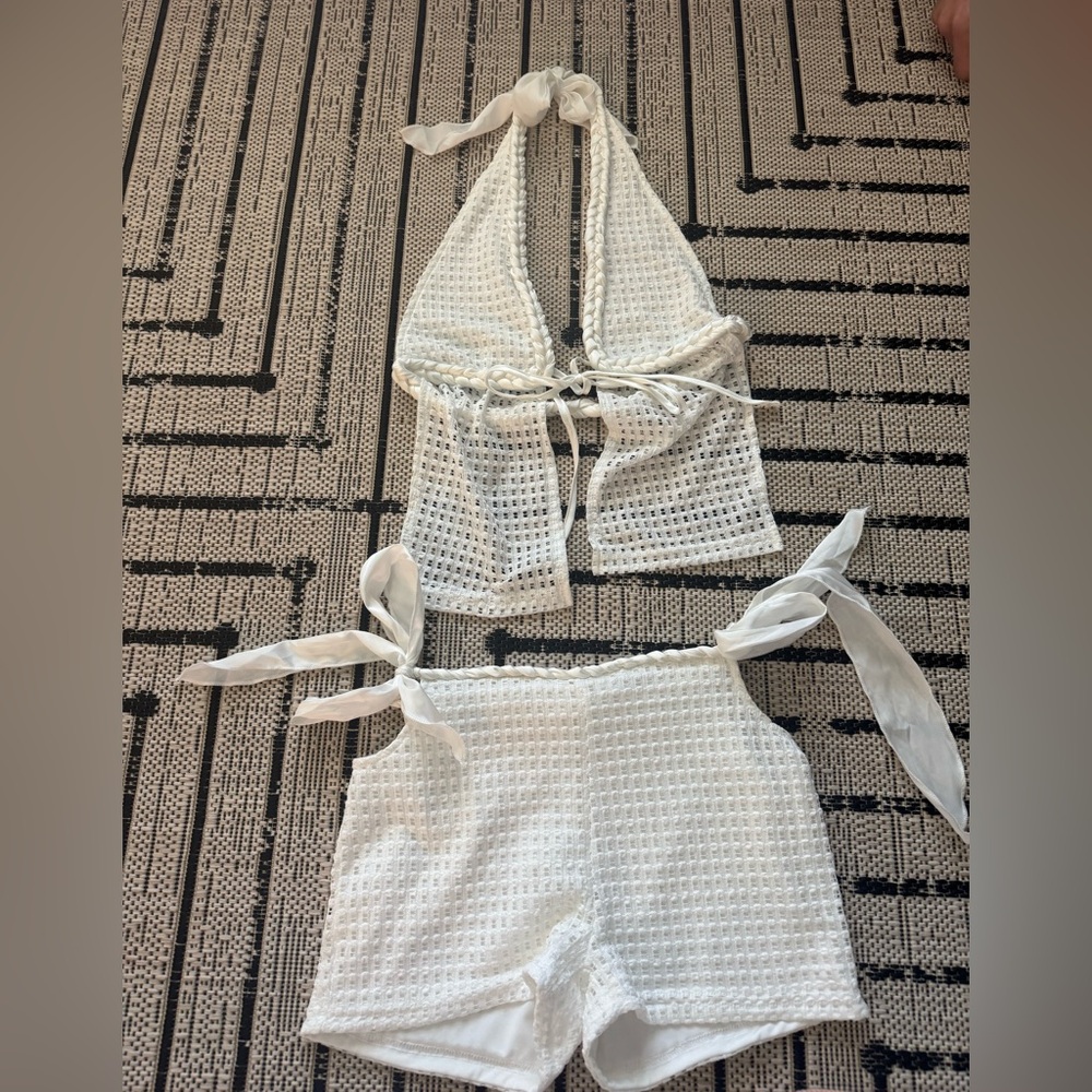 White Crochet Halter Top and Shorts Set